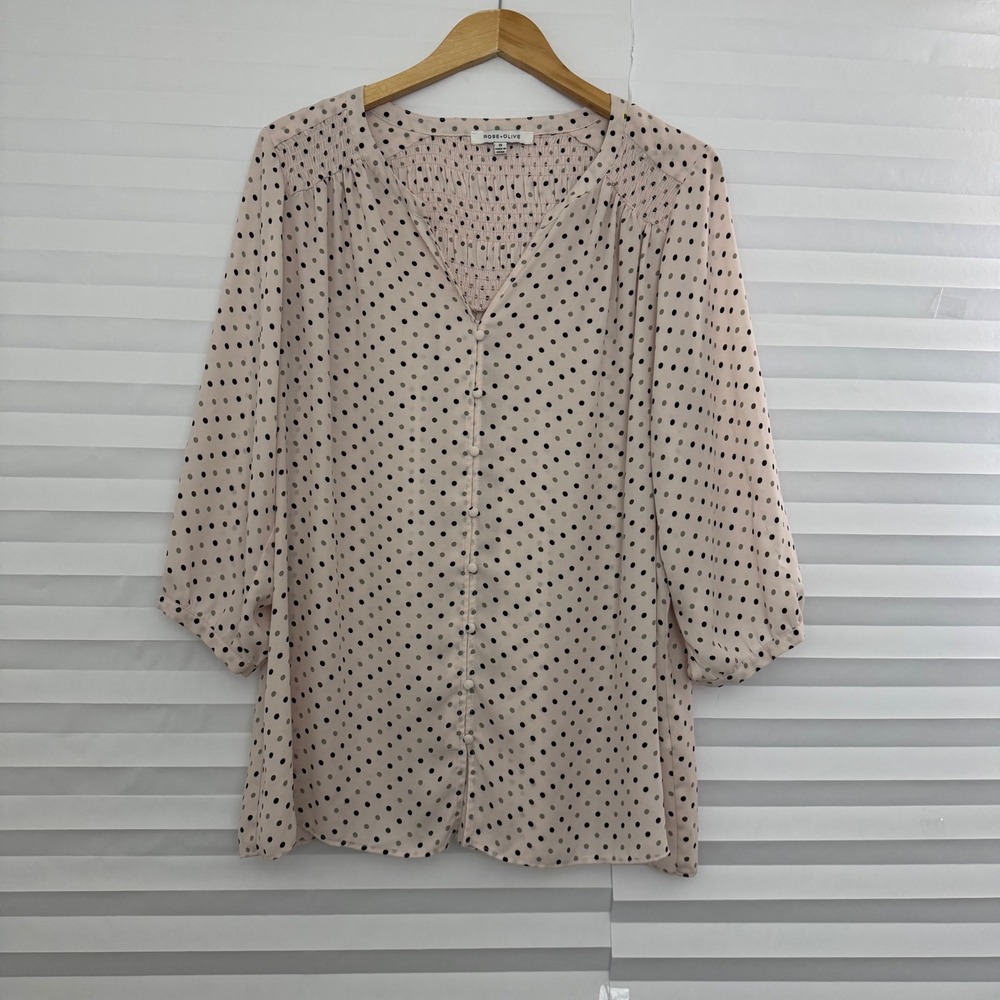 Rose + Olive Women Blush Pink Polka Dot‎ Button Front Blouse 1X 3/4 Sleeve